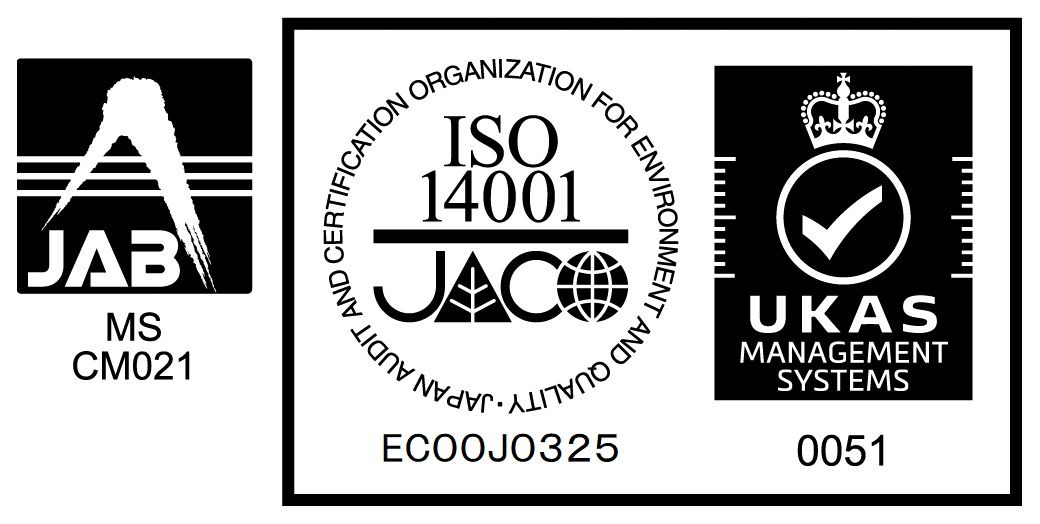 ISO14001 認証マーク（JACO・UKAS・JAB）